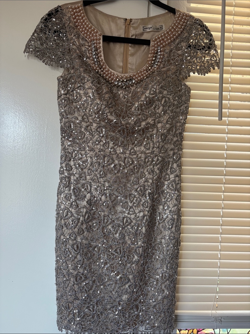 George Taupe Beaded Lace Cocktail Dress with Pearl Collar